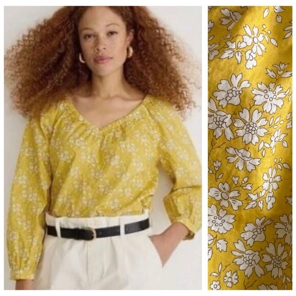 J. Crew Tops - J. Crew Liberty Fabrics Yellow Floral Capel V-Neck Organic Cotton Blouse M